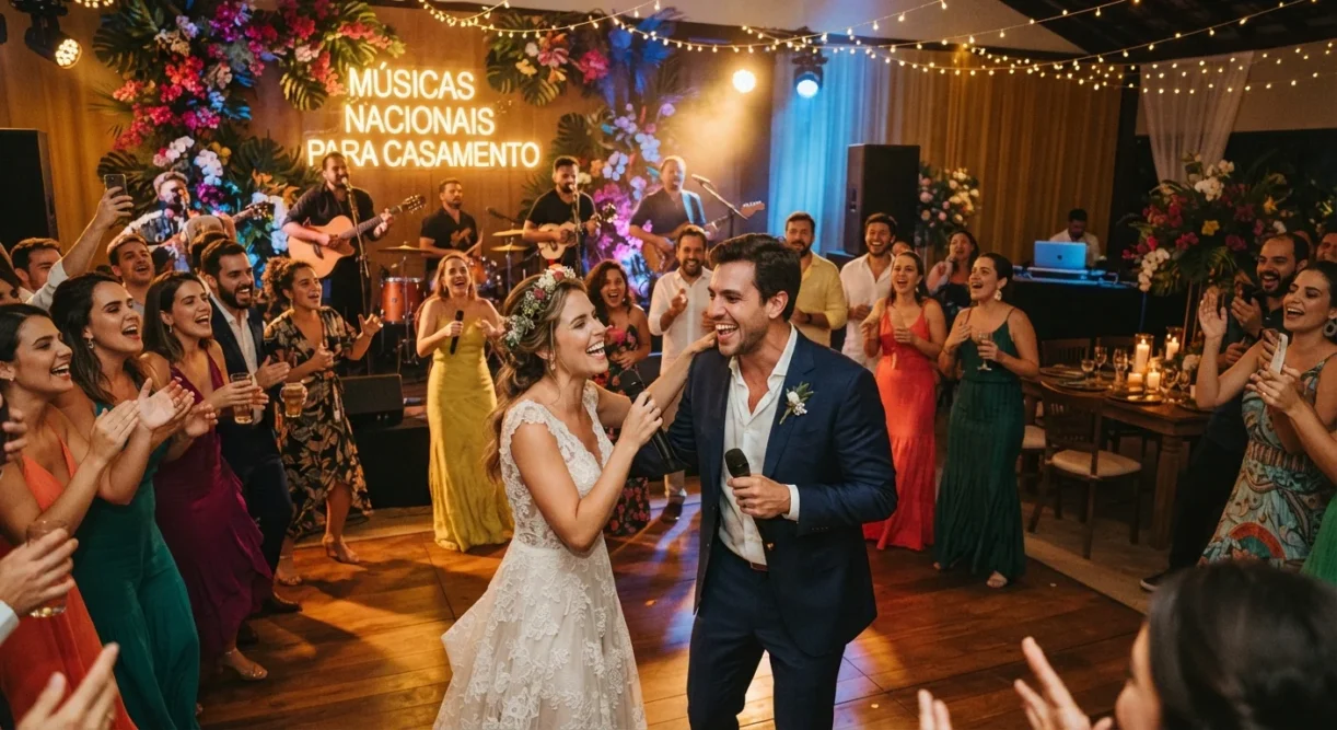 casal de noivos num salão de festas com microfones na mão cantando